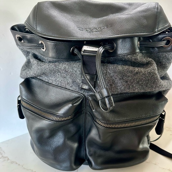 Coach Men's Black Leather & Gray Wool Drawstring Backpack Coach Men's Black Leather & Gray Wool Drawstring Backpack